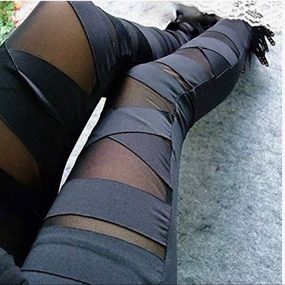 NWT Nylon Solid Color Bandage Mesh Black Leggings - Picture 6 of 7